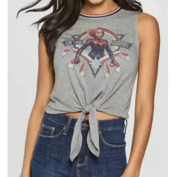 Captain Marvel Women’s Tie Front Hem Graphic Tank Top Size M Heather Gray Blue - Picture 1 of 5